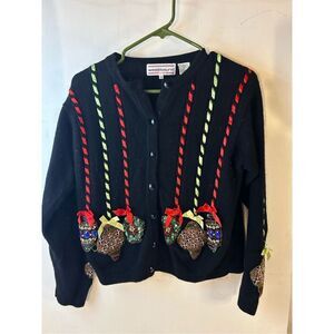 Westbound M petites sweater Christmas black 3D ornaments lambs wool blend rn#589